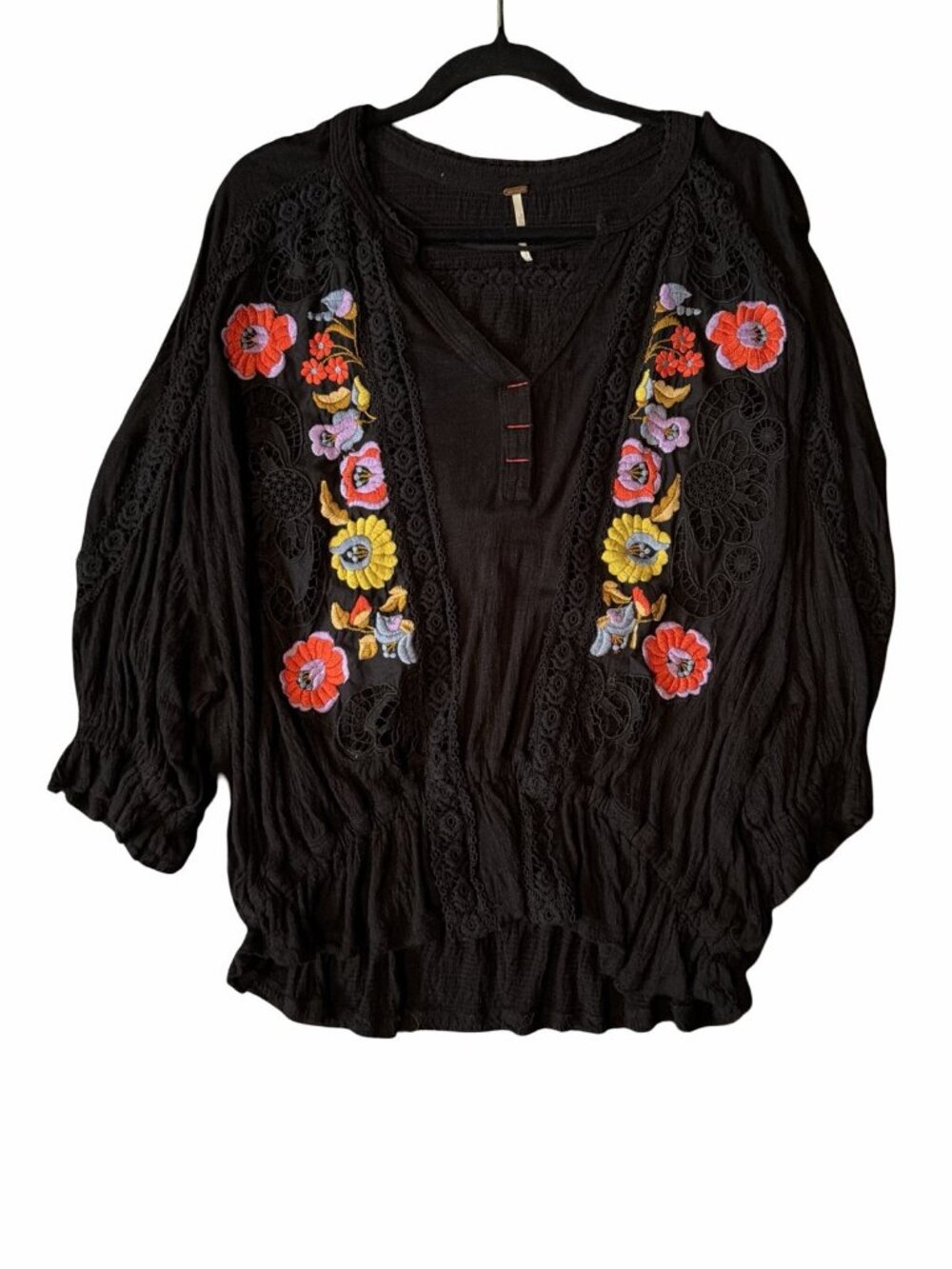 Free People Serafina Black Embroidered Lace Crochet Boho Festival Blouse Top S - Picture 2 of 11